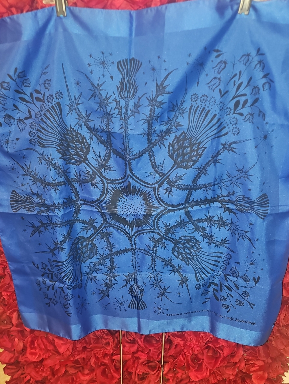 The Croft Studio Skye Blue Scarf with Black Botanical Medallion Made In Scotland